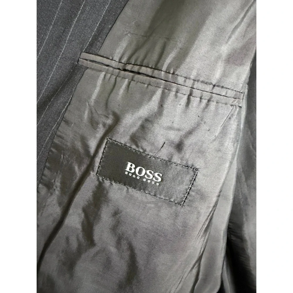 Hugo Boss Vintage Pinstripe Suit Mens 42L 31x31 Charcoal Gray 2 Piece Made USA